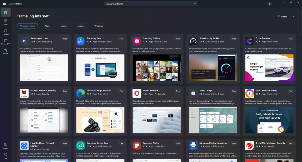 Samsung Internet Microsoft Store search
