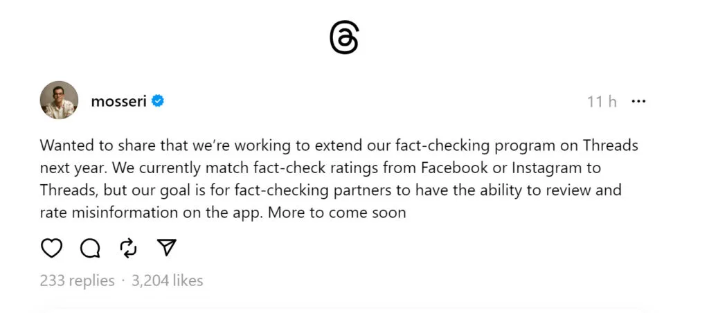 Adam Mosseri Threads Fact Checking