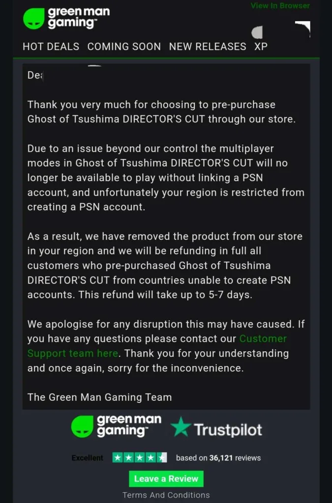 Ghost of Tsushima Director's Cut Green Man Gaming Refund