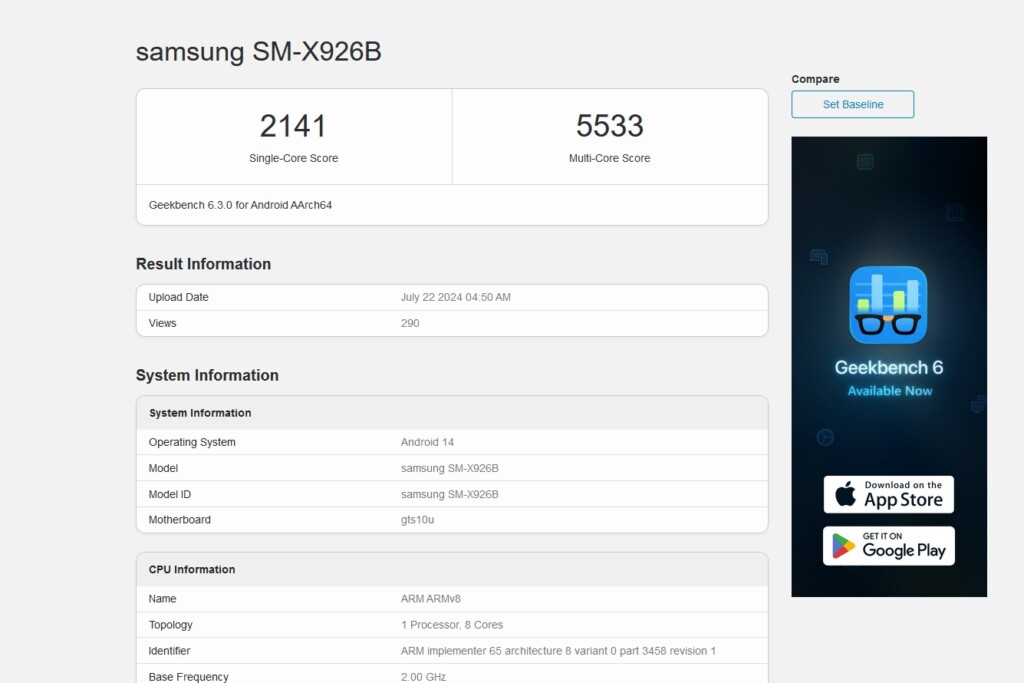 Samsung Galaxy Tab S10 Plus geekbench
