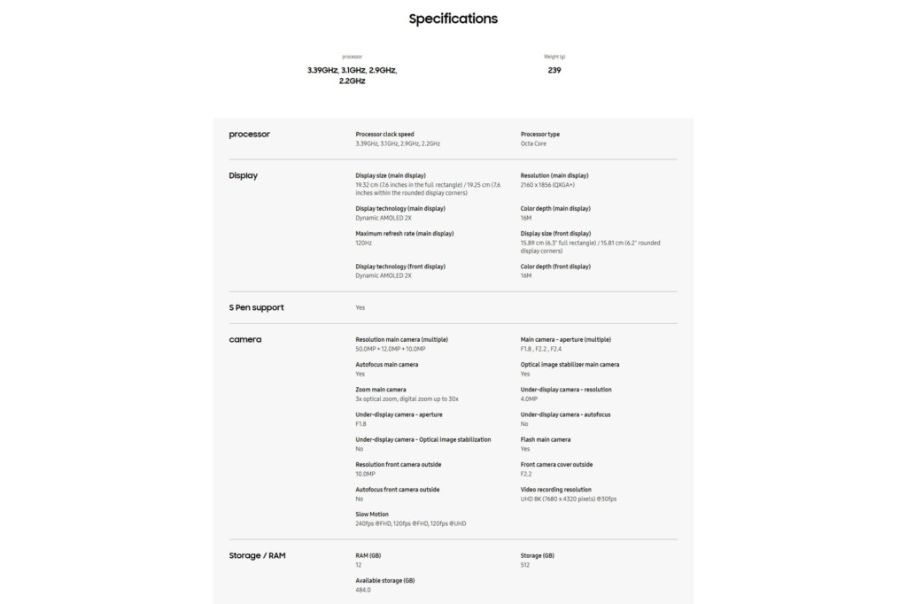 Samsung Galaxy Z Fold6 official page leak specs 1