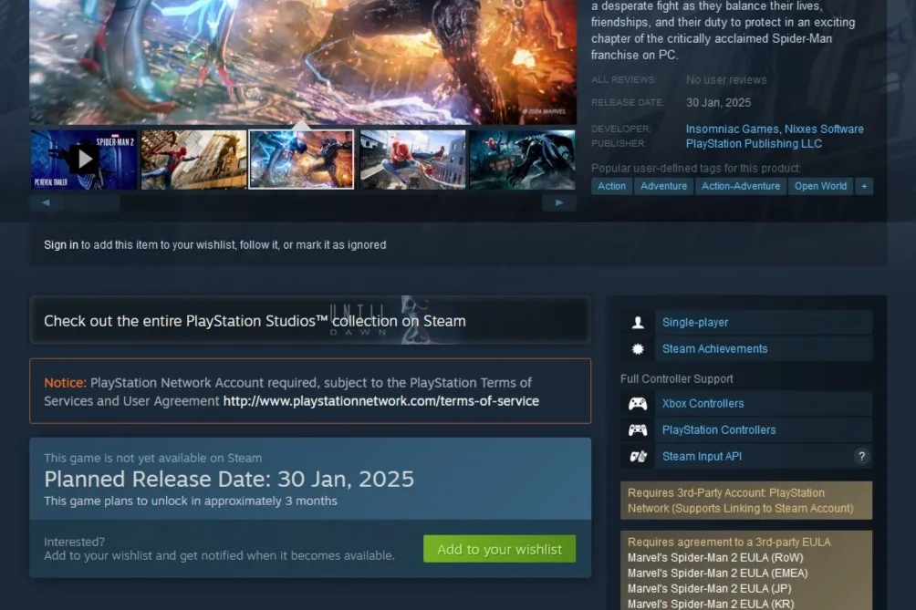Marvel's Spider-Man 2 Steam PSN account notice