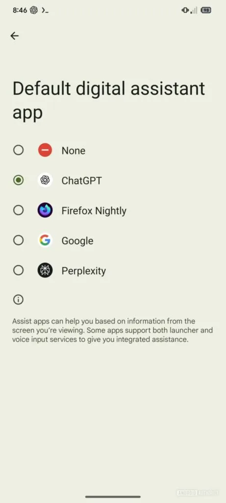 ChatGPT beta set as default assistant android