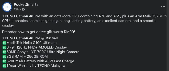 Tecno Camon 40 Pro 4G price malaysia