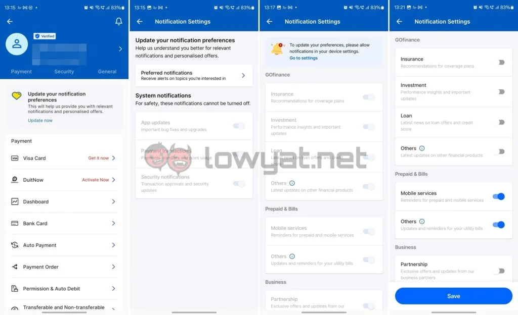 TNG eWallet notifications hidden menu