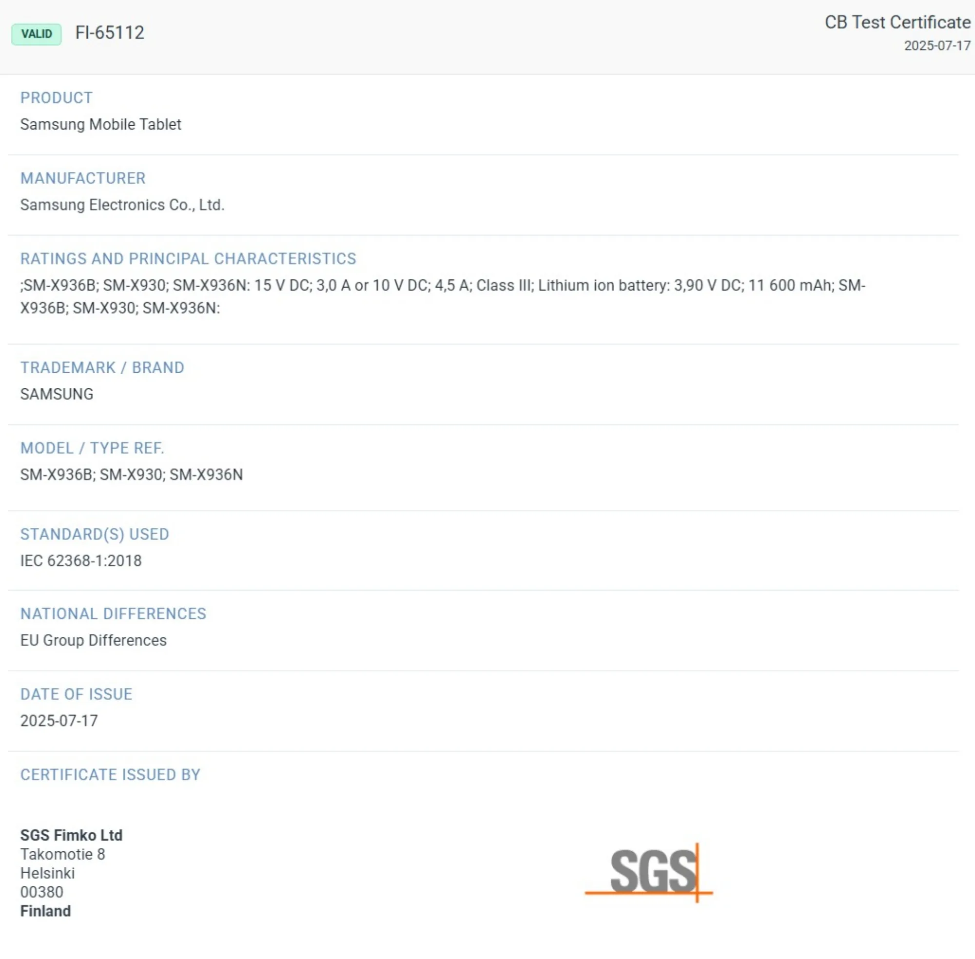 Samsung Galaxy Tab S11 Ultra SGS Fimko listing