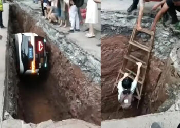 Baidu Apollo Go robotaxi falls into construction pit China