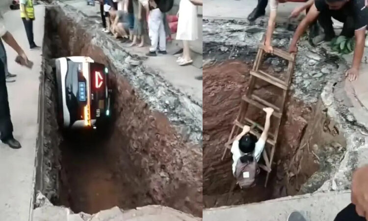 Baidu Apollo Go robotaxi falls into construction pit China