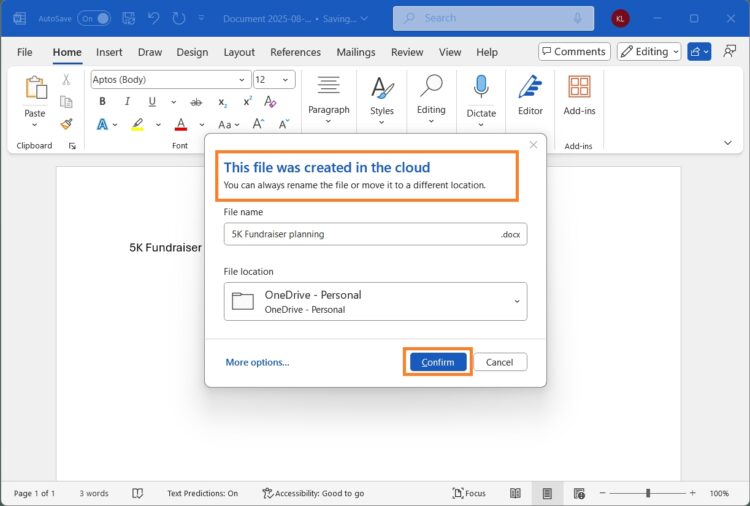 Microsoft Word save to cloud default