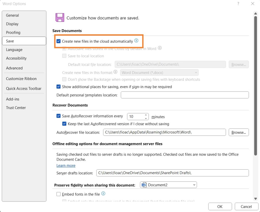 Microsoft Word save to cloud default options