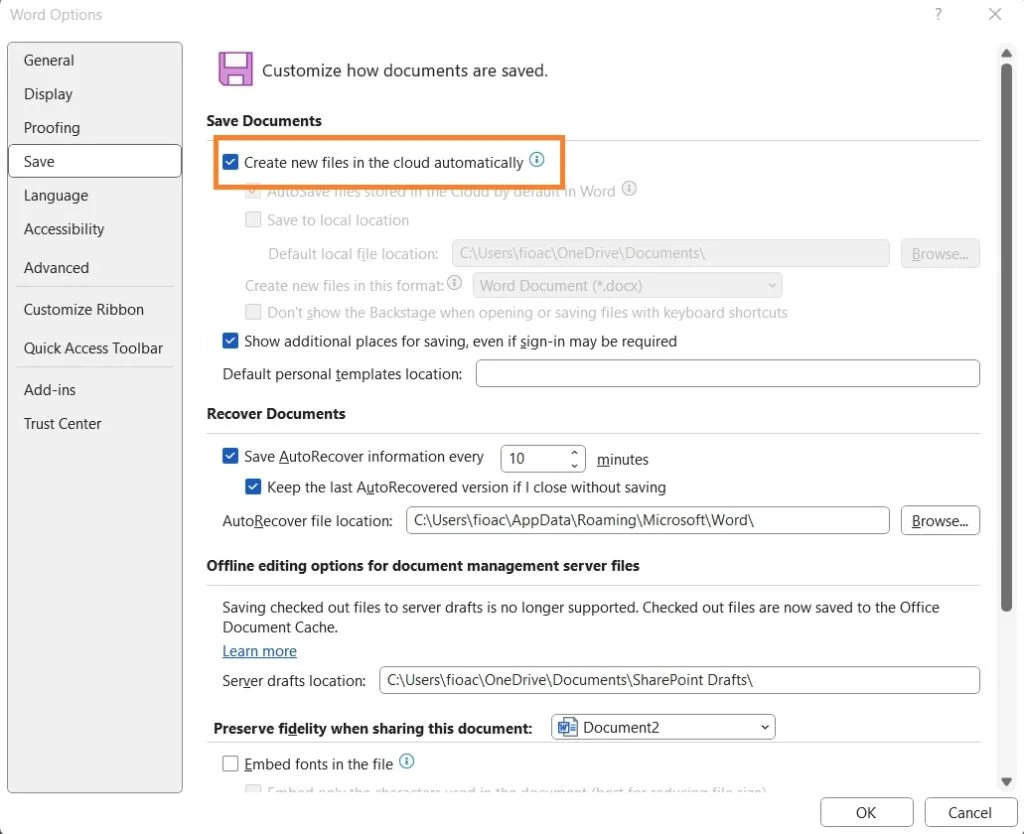 Microsoft Word save to cloud default options