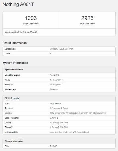 Nothing Phone (3a) Lite Geekbench Benchmark