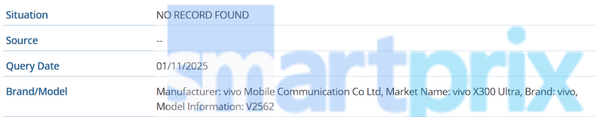 vivo X300 Ultra GSMA database