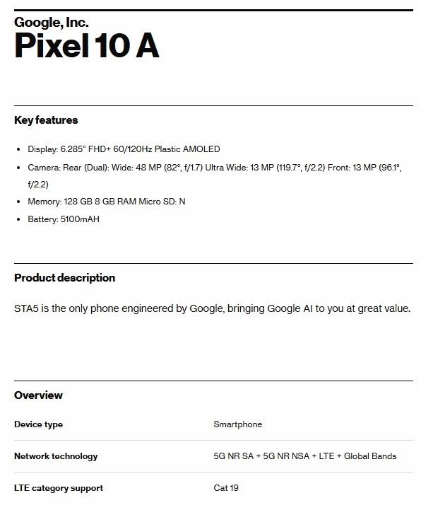 Google Pixel 10a listing Verizon