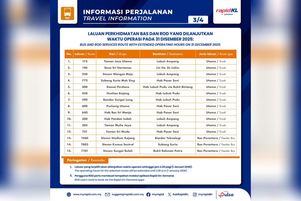 Rapid KL New Year's Eve 2026 bus extended hours 1