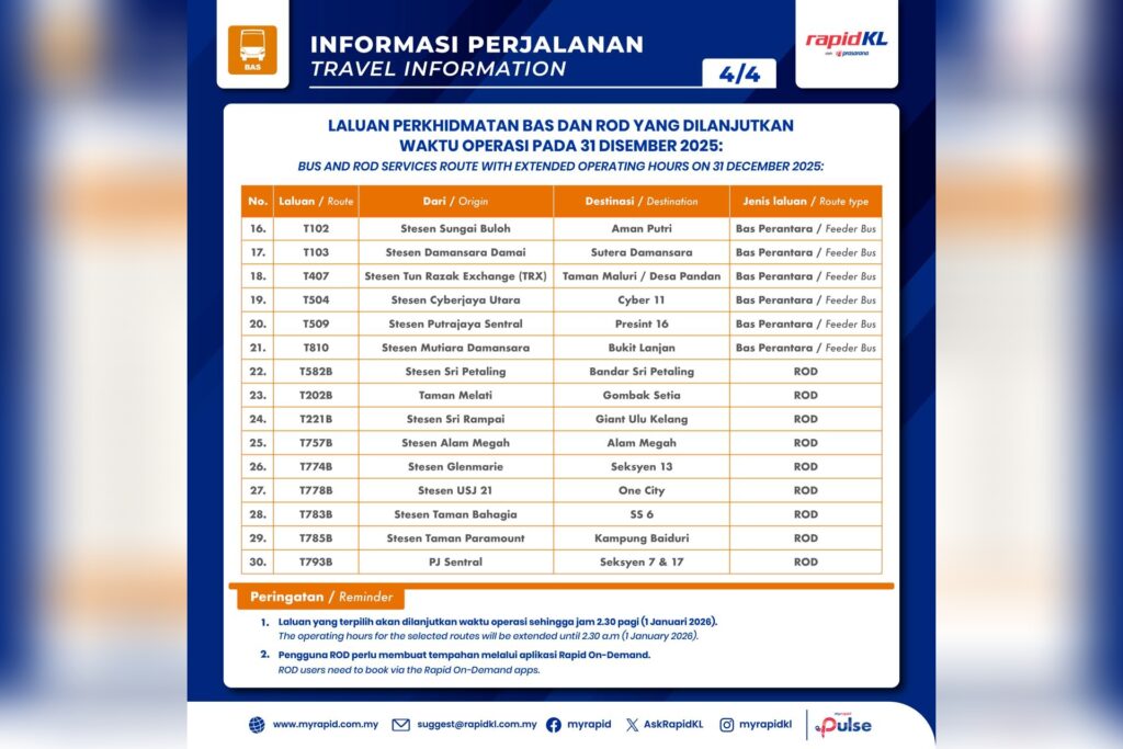 Rapid KL New Year's Eve 2026 bus extended hours 2