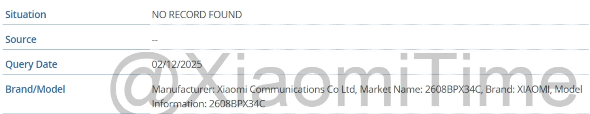 Xiaomi GSMA listing