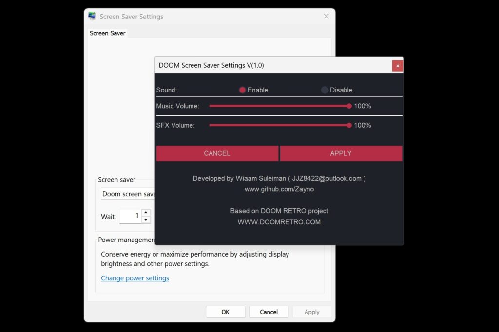 Doom screen saver settings