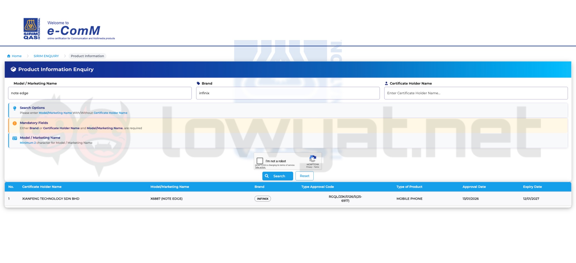 infinix note edge sirim