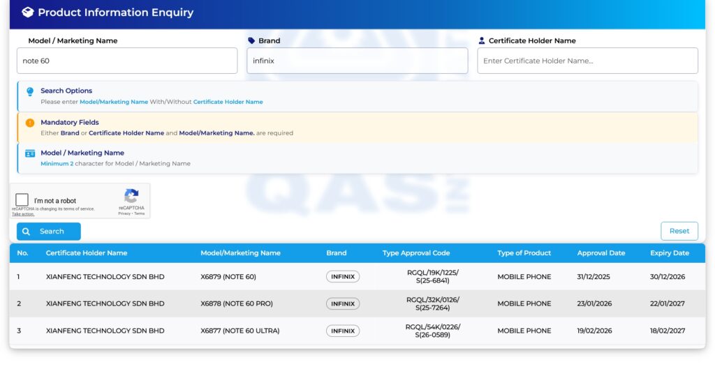 Infinixs Note 60 series SIRIM