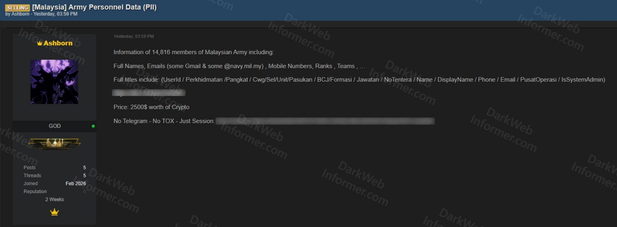 Malaysian military ministry data allegedly on sale on dark web