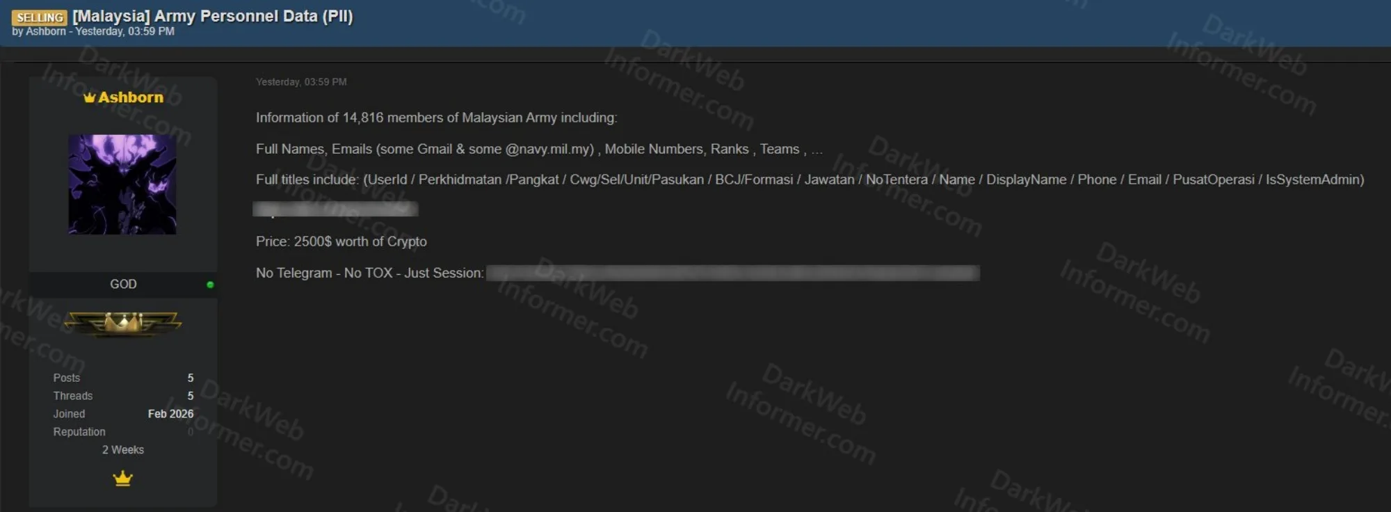 Malaysian military ministry data allegedly on sale on dark web