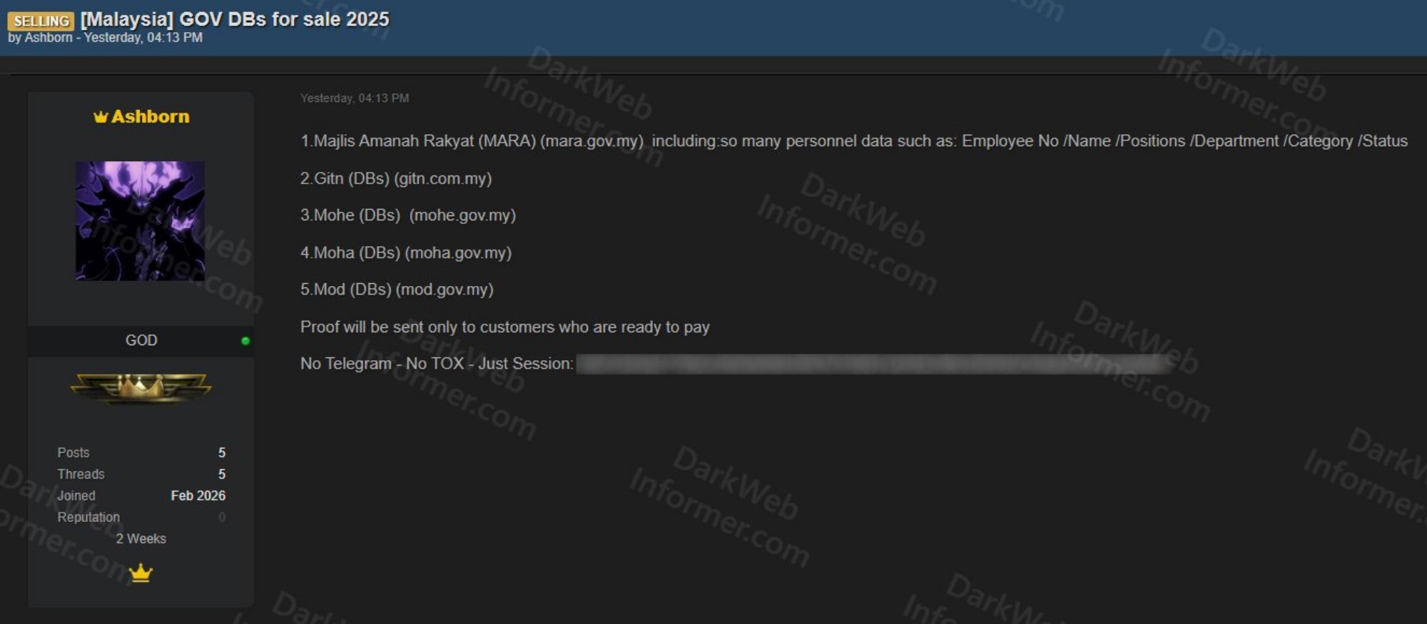 Malaysian military ministry data allegedly on sale on dark web