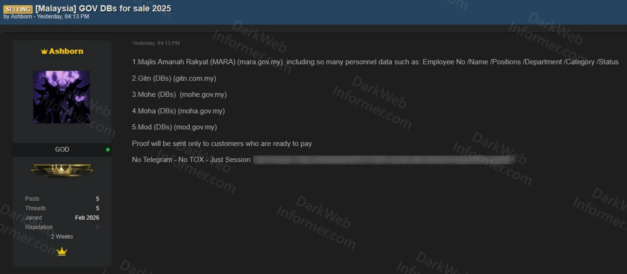 Malaysian military ministry data allegedly on sale on dark web