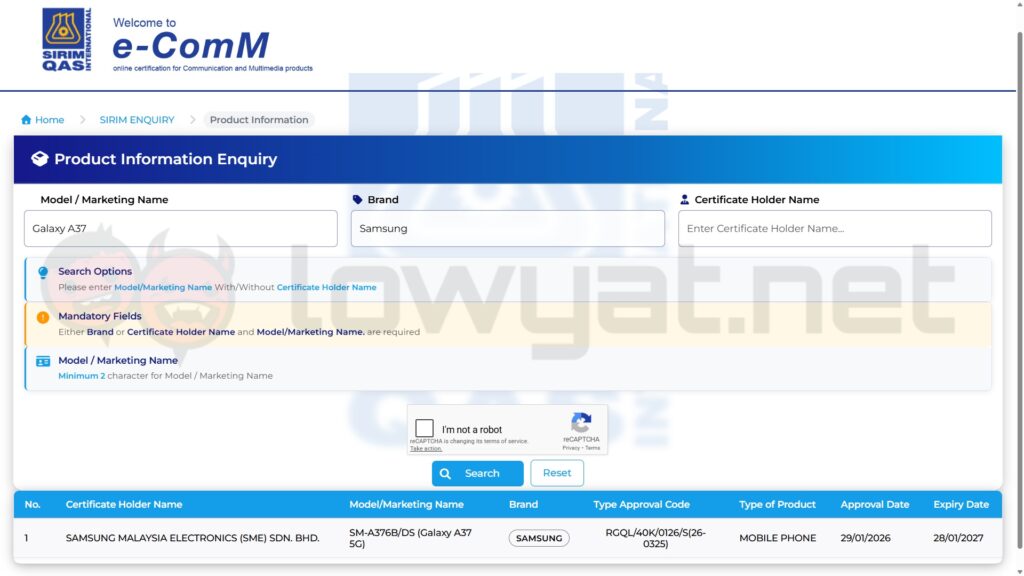 Samsung Galaxy A37 SIRIM Listing