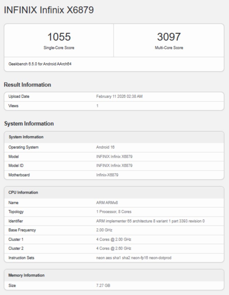 Infinix Note 60 Geekbench