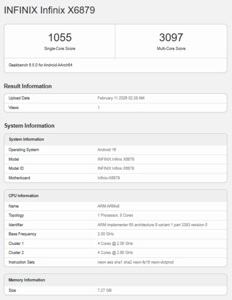 Infinix Note 60 Geekbench