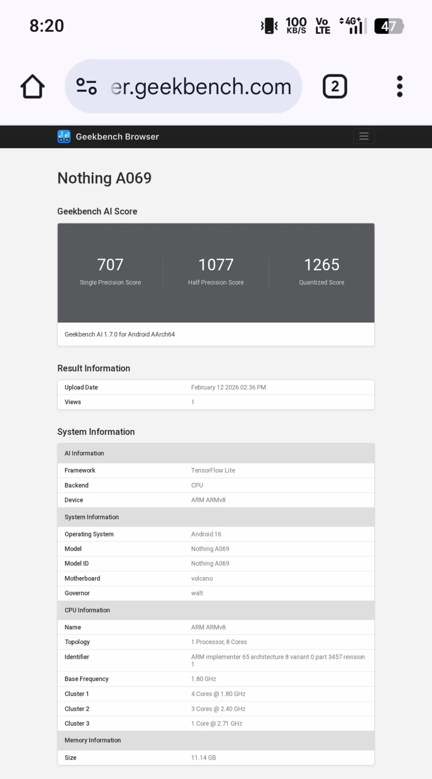 Nothing Phone (4a) Geekbench AI