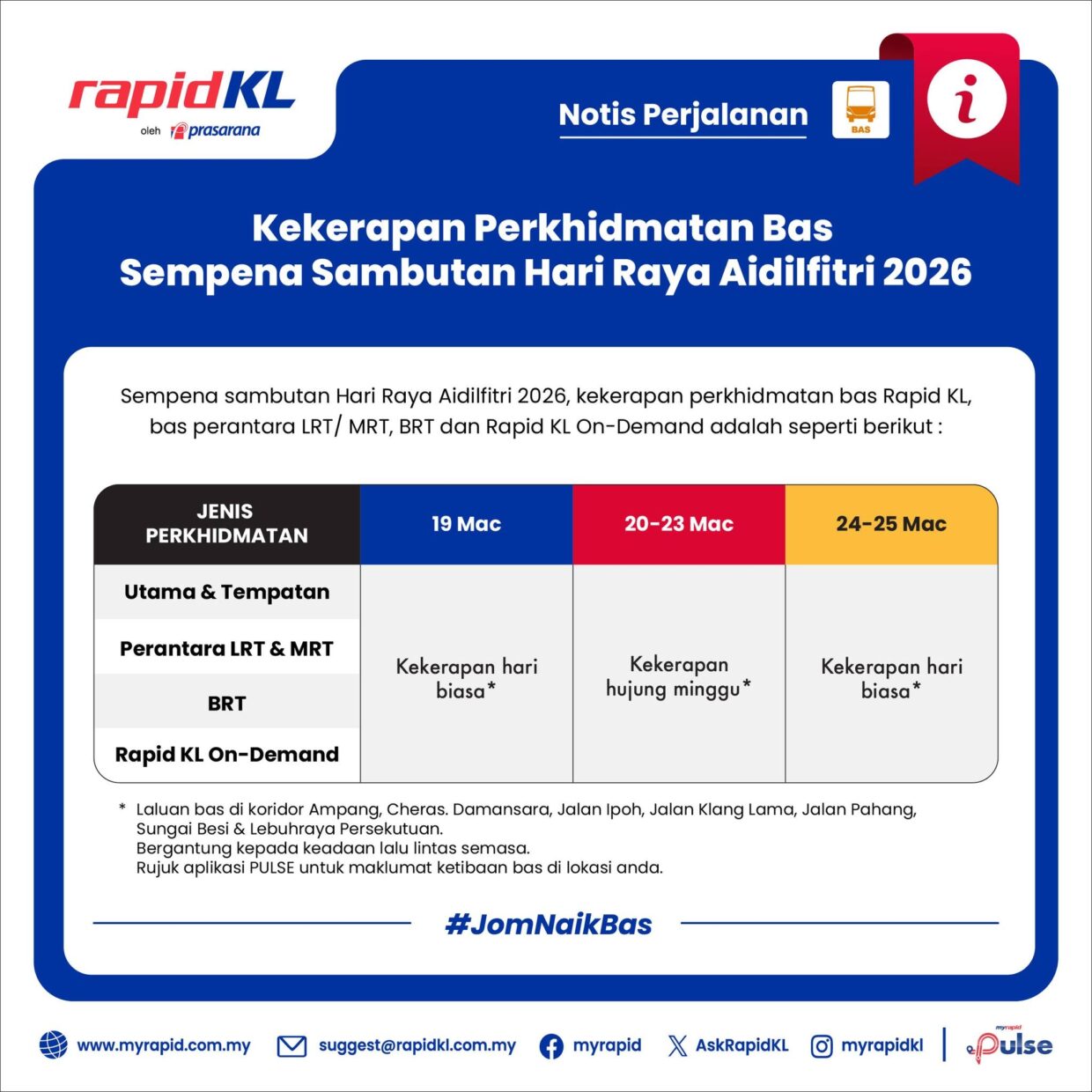 Rapid KL 2026 Hari Raya Weekend reduced frequency bus