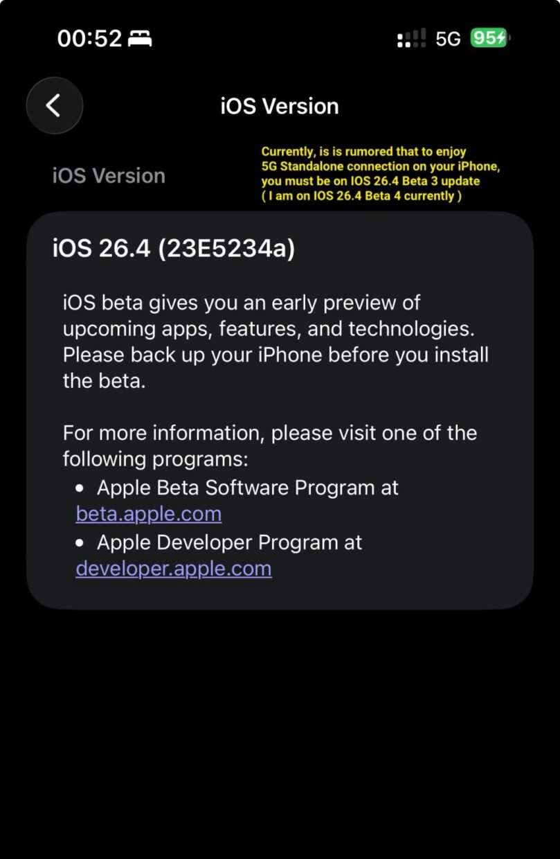 iPhone iOS 26.4 5G Standalone Advanced support