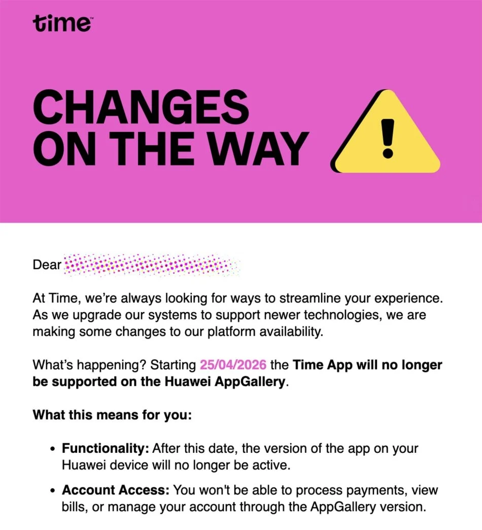TIME Intenet discontinue Huawei AppGalley