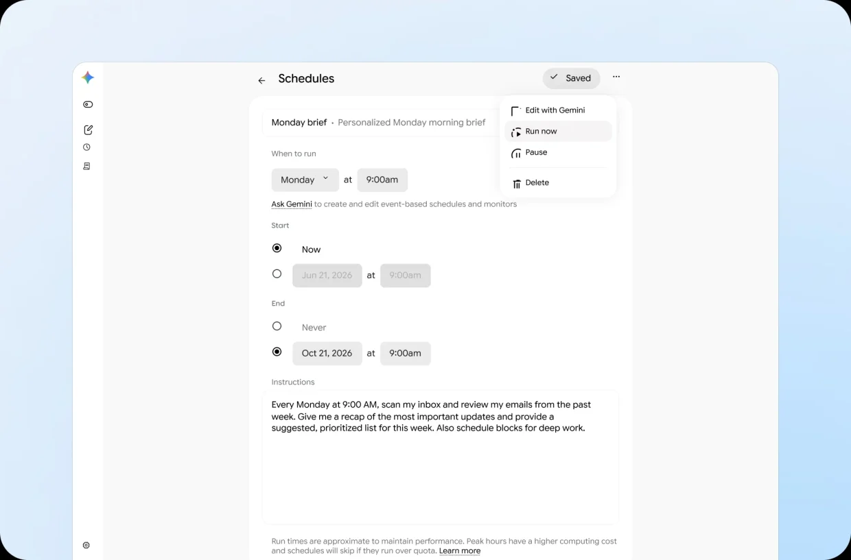 Google Gemini Spark schedule