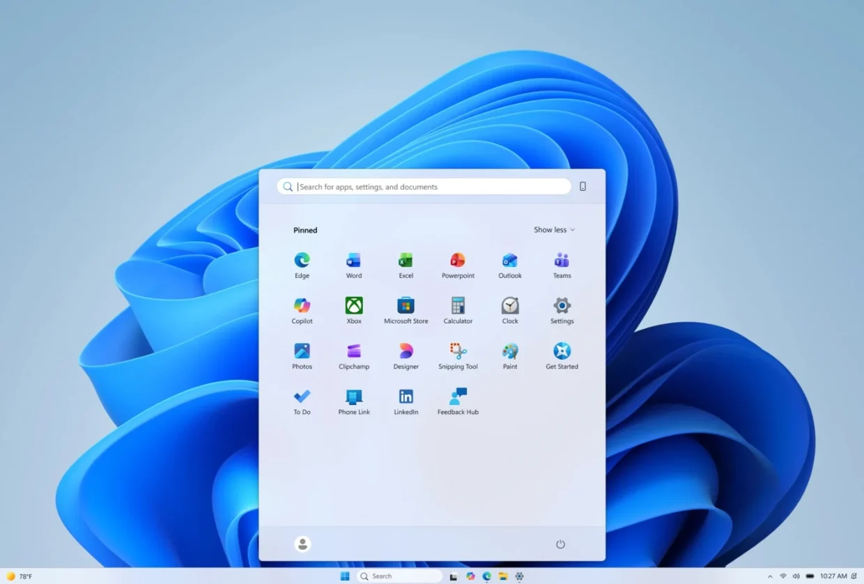 Microsoft Windows 11 Start menu minimal pins