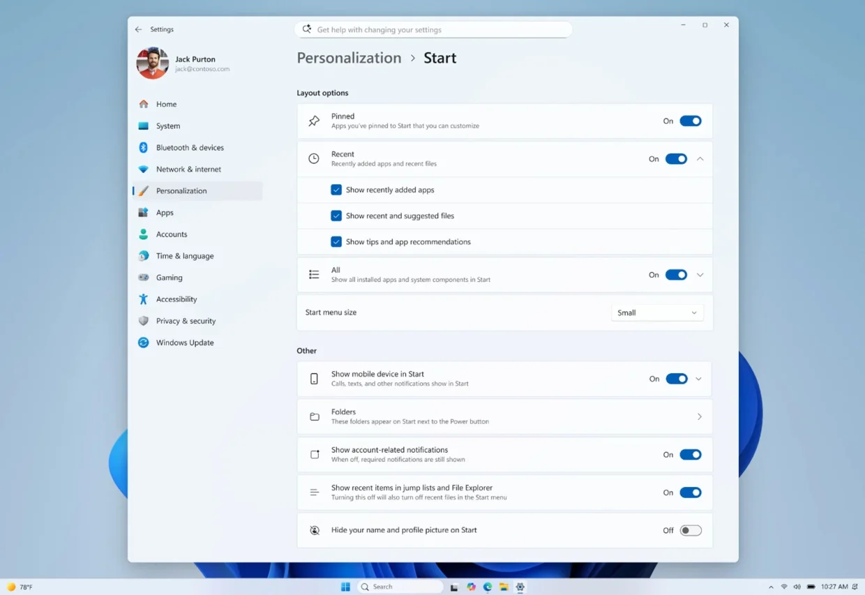 Microsoft Windows 11 Start menu size