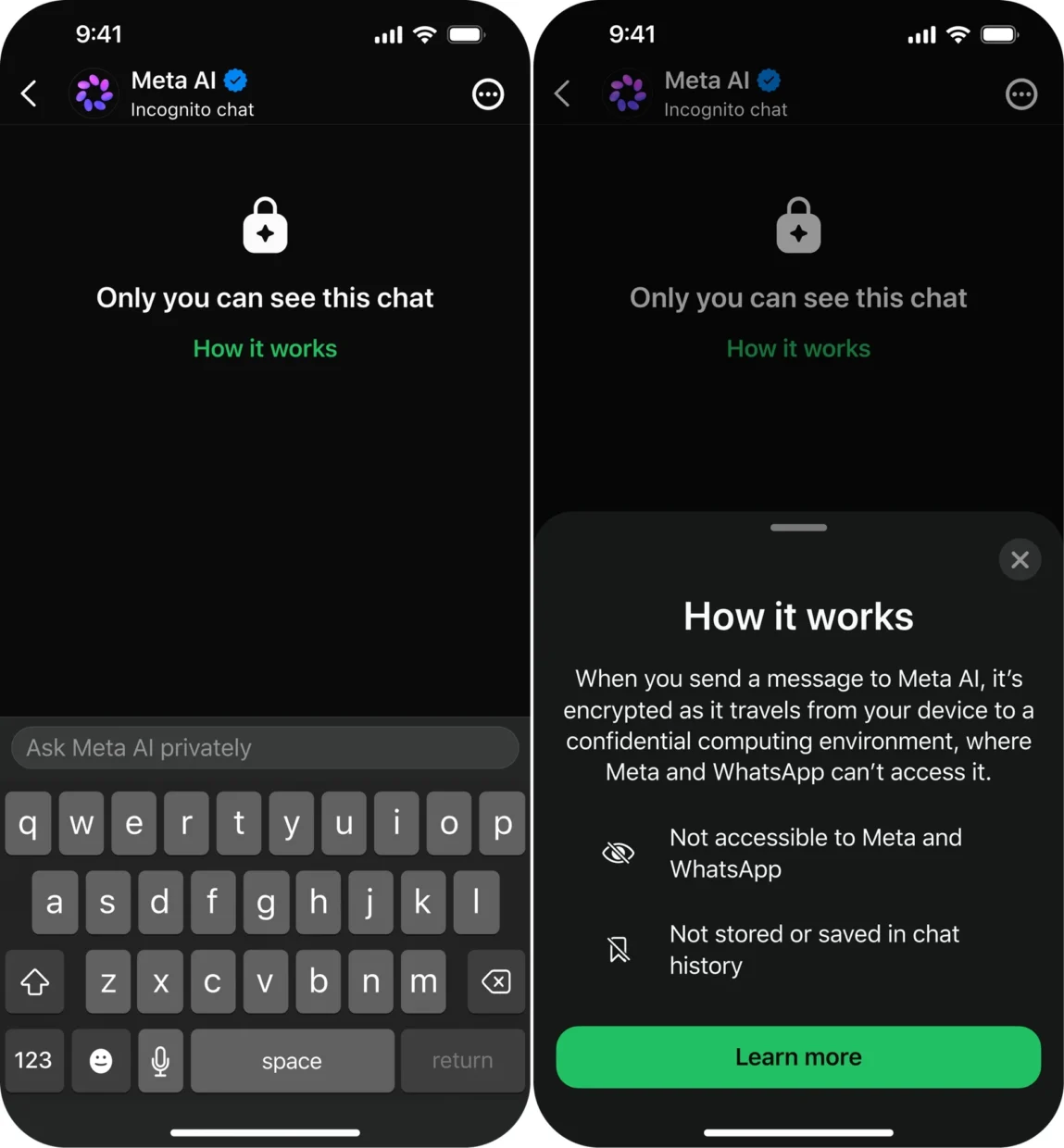 WhatsApp Incognito Chat Meta AI screens