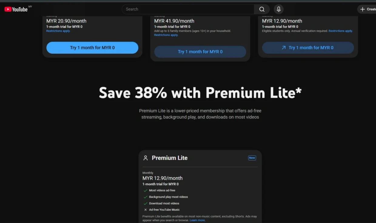 Youtube premium lite reportedly rolls out in Malaysia