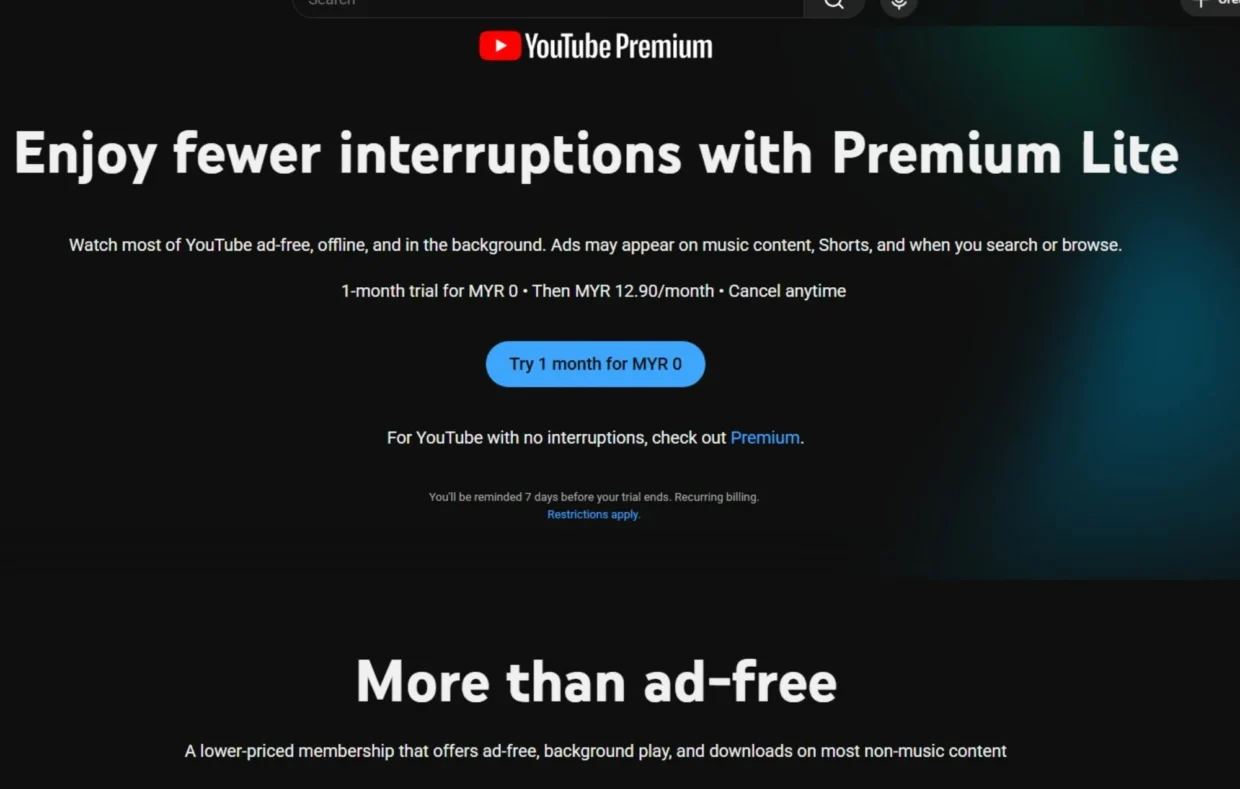 Youtube premium lite reportedly rolls out in Malaysia