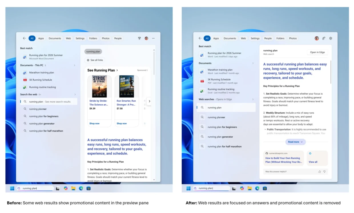 Microsoft Windows Search no ads