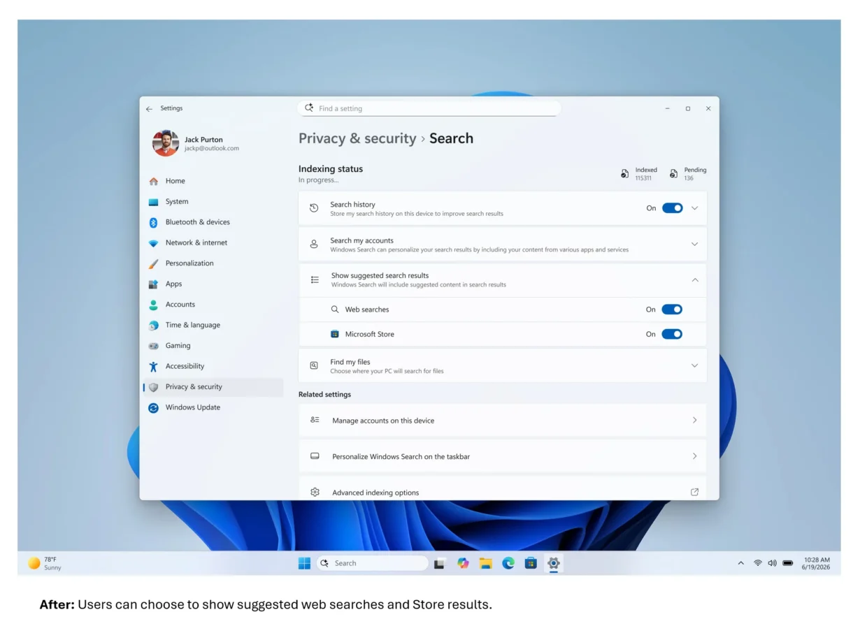 Microsoft Windows Search options