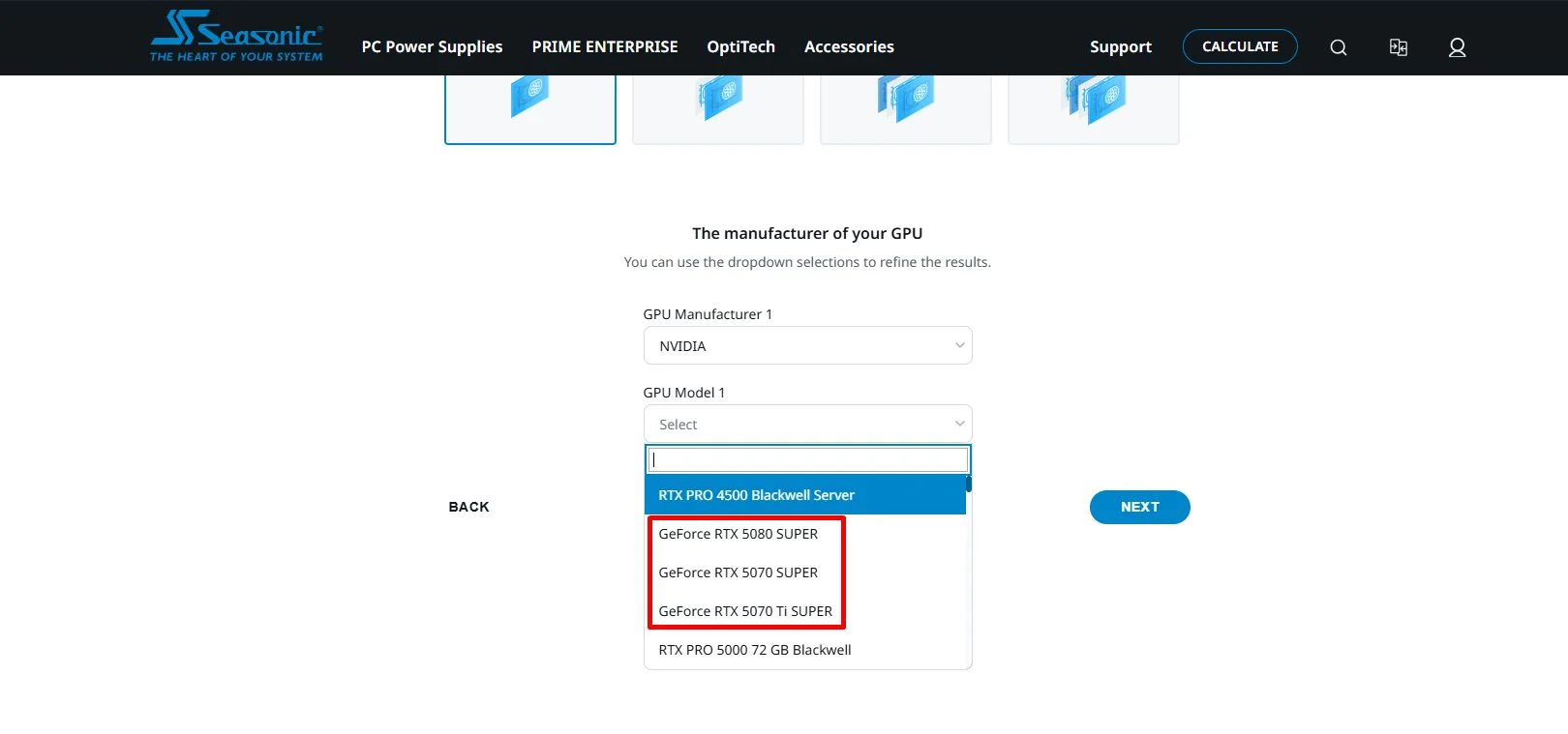 Alleged NVIDIA RTX 50 Super Series Appears In Seasonic PSU Calculator 2 Seasonic RTX 50 Super Series PSU Calculator 1