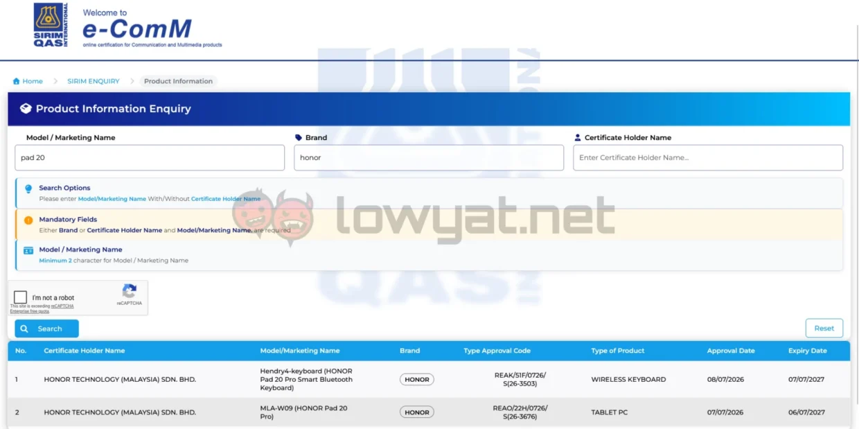 HONOR Pad 20 Pro Now Listed On SIRIM Database 2 HONOR Pad 20 Pro SIRIM