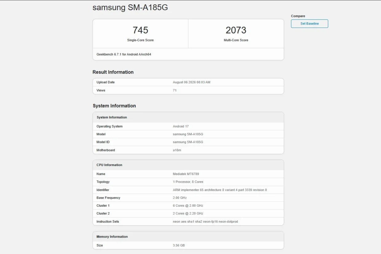 Samsung Galaxy A18 Geekbench