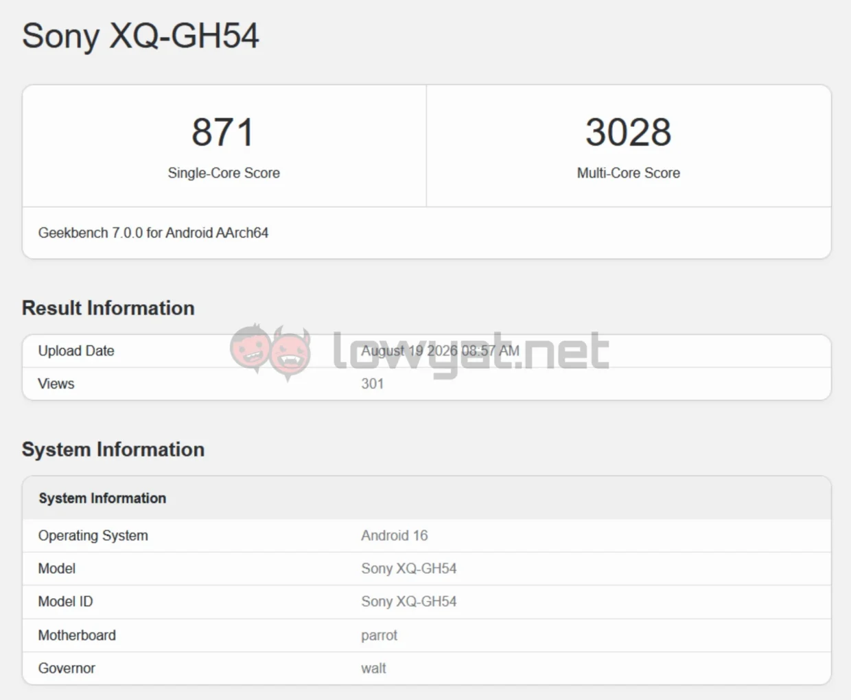 Sony Xperia 10 VIII Geekbench listing