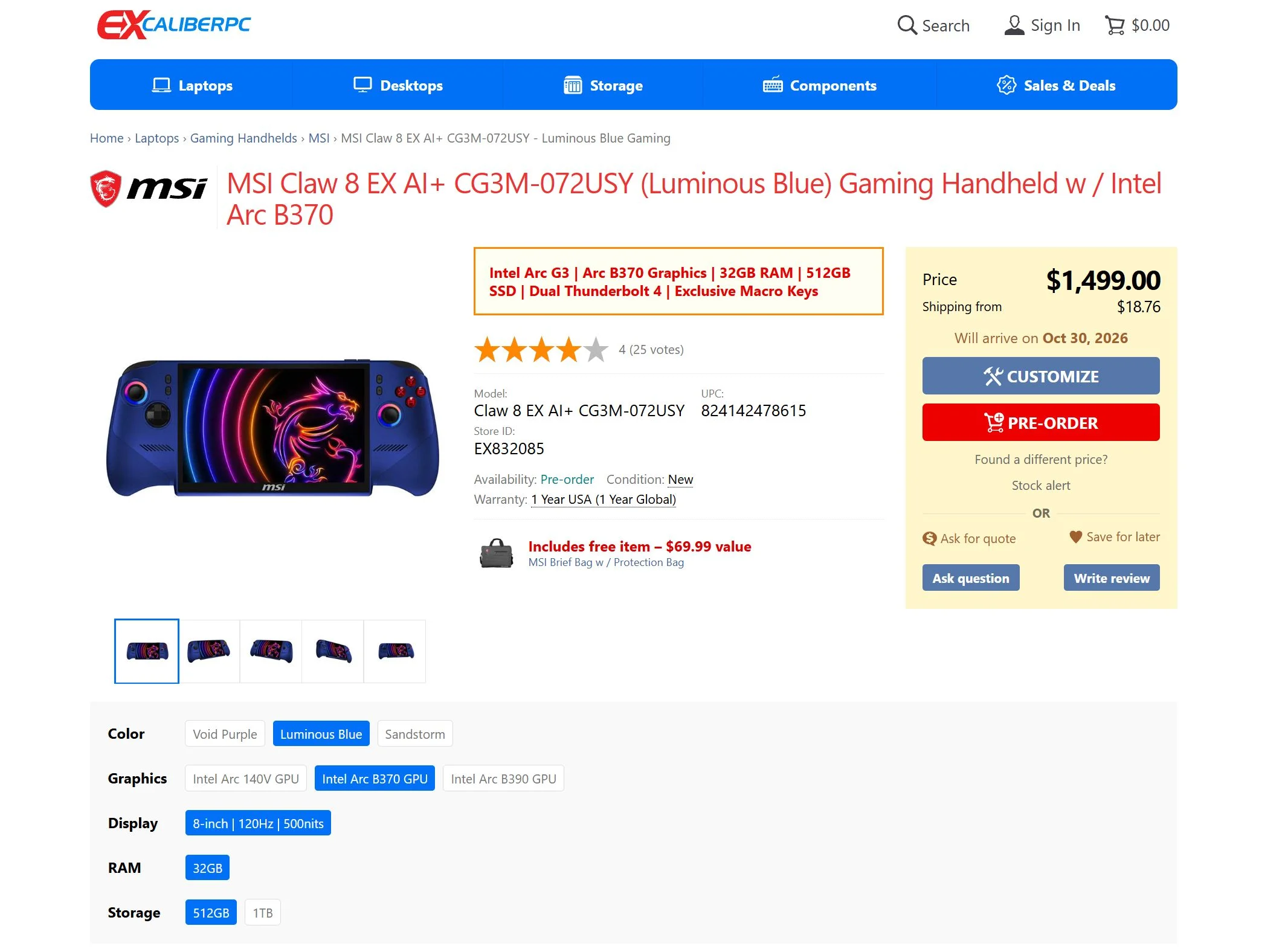 MSI Claw EX 8 AI+ With Lower-Tier Intel Arc G3 To Retail For US$1,499 2 MSI Claw EX 8 AI Arc G3 non Extreme listing 1