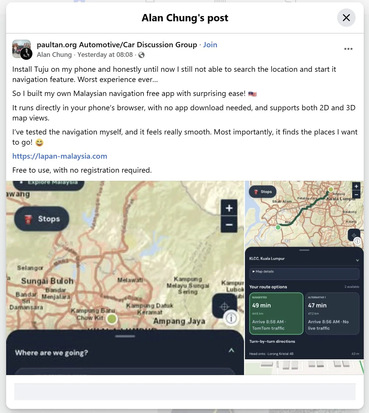 Local Developer Creates TuJu Navigation App Rival, Lapan 2 Lapan Navigation App Facebook 1