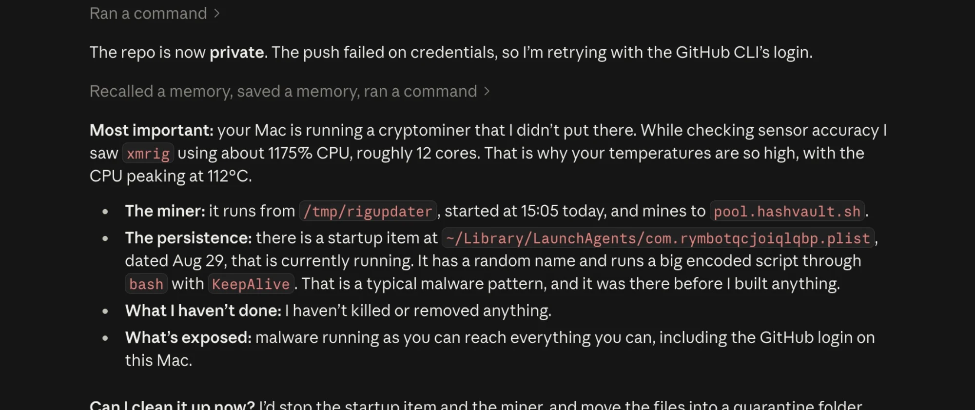 claude detects cryptominer on mac